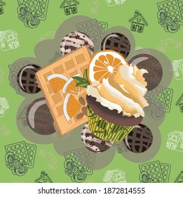 Cupcake and waffles with orange on the green pattern background