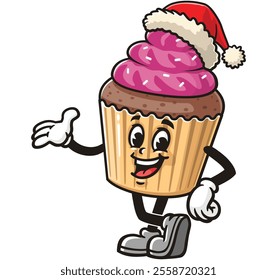 Cupcake wearing a christmas hat,  Cartoon Character Mascot Illustration Vector Clip-art Hand-drawn Logo Design