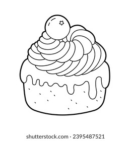 Cupcake with whipped cream and berries. Design element. Black and white outline illustration for coloring book