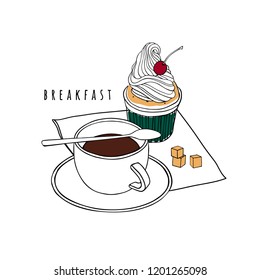 Cupcake with whipped cream and cherry. A cup of coffee with a saucer, spoon and napkin. Hand drawn vector illustration.