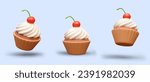 Cupcake with whipped cream and cherry. Portion sized, beautifully served dessert. Muffin with cream. Set of realistic sweets. Isolated vector cupcakes, front, top, bottom view