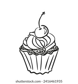 Cupcake with whipped cream and cherry vector illustration, Hand drawn line sketch of sweet dessert