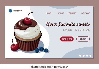 Cupcake with whipped cream, chocolate and cherry.  website landing page design template. 