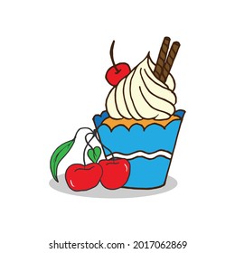 cupcake with whipped cream, chocolate stick and cherry topppings illustration on white background. hand drawn vector. cherry fruit. doodle art for logo, poster, banner, advert, sticker, clipart. 