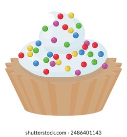 Cupcake with whipped cream and colorful sugar sprinkles. Vector illustration isolated on white background.