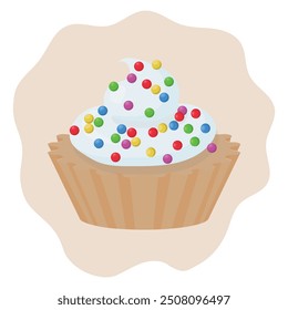 Cupcake with whipped cream and colorful sugar sprinkles. Vector illustration isolated on white background.