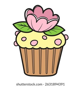 Cupcake with whipped cream flowers on a white background