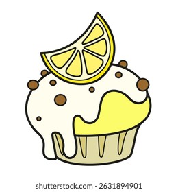Cupcake with whipped cream garnished with a slice of candied lemon on a white background