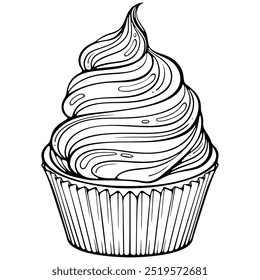 Cupcake with whipped cream. Handmade sweet muffin. Birthday dessert. Vector illustration in hand drawn sketch doodle style. Line art isolated on white for coloring book, print