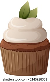 Cupcake with whipped cream, leaf decor. Vector image of a cake on a transparent background. Elements of confectionery, baking, bakery, sweets.