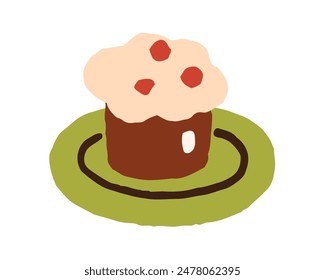 Cupcake with whipped cream on top. Chocolate cup cake, sweet dessert on plate. Choco muffin, pastry treat with frosting. Yummy patisserie. Flat vector illustration isolated on white background