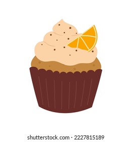 Cupcake with whipped cream and orange slice. Hand drawn muffin in cartoon flat style. Isolated vector illustration