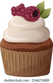 Cupcake with whipped cream and raspberries, leaf decor. Vector image of a cake on a transparent background. Elements of confectionery, baking, bakery, sweets.