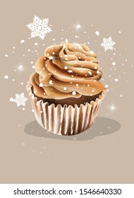 Cupcake with whipped cream. Snow falling from upside. Christmas holiday vector