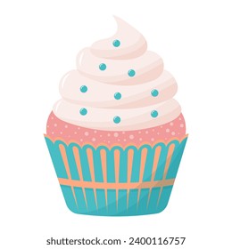 Cupcake with whipped cream. Sweet cream dessert. Vector flat cartoon illustration.