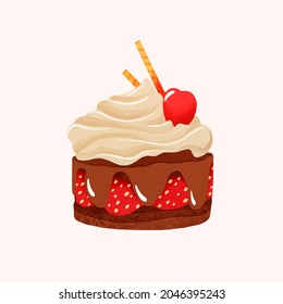 Cupcake with whipped vanilla cream and strawberry isolated on white background