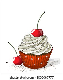 Cupcake with white cream and cherry on white background, vector illustration, eps 10 with transparency