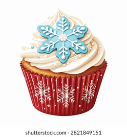 A cupcake with white frosting, a blue snowflake topper, and a red holiday-themed wrapper