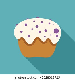 Cupcake con glaseado blanco y salpicaduras púrpuras que proyectan una sombra larga sobre un fondo azul