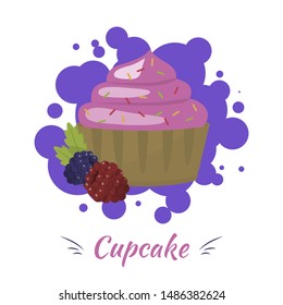 Cupcake with Wild Berry Filler Presentation Poster. Cartoon Blackberry, Raspberry, Mint Leaves as Decoration. Family Bakery Homemade Sweet Product. Tasty Dessert for Pastry Shop. Vector Illustration