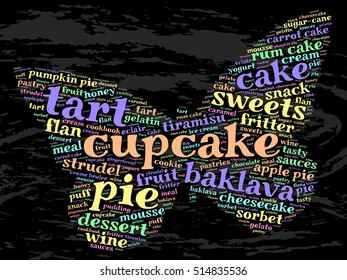 Cupcake. Word cloud, butterfly, grunge background.  Food concept.