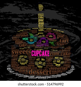 Cupcake. Word cloud, celebration cake with a candle, grunge background. Food concept.