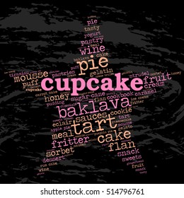 Cupcake. Word cloud, star, grunge background. Food for celebrities.