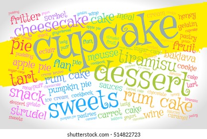 Cupcake. Word cloud, yellow stripe, gradient grey background. Food concept.