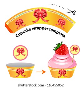 Cupcake Wrapper Template. Red Ribbon Pattern On Orange Background. Vector Illustration