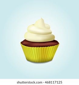 Cupcake in a yellow basket with white cream in cartoon style isolated on white background