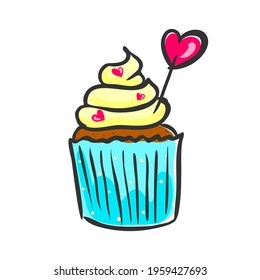 Cupcake with yellow cream cap with heart decoration. Doodle muffin isolated on white