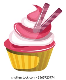 Cupcake with yellow paper cup red and white icing illustration vector on white background