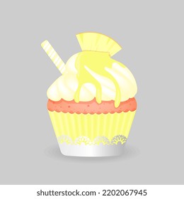 Cupcake in a yellow tartlet with a piece of pineapple. Vector illustration