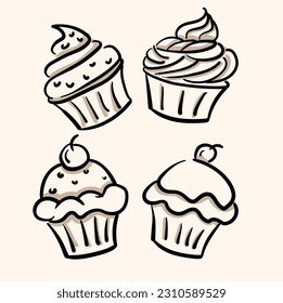 cupcake and yogurt in doodle style with background cream