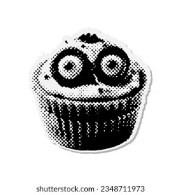 Cupcake with Zombie eyes - Halloween halftone mixed media collage paper sticker. Dotted Vintage illustration in 90s zine Paper piece style.