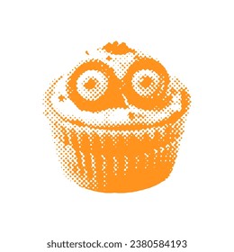 Cupcake with Zombie eyes - Halloween halftone dotted realistic clipart. Offset texture Vintage illustration in 90s grunge style