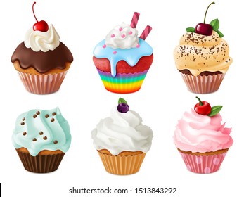 Cupcakes 3d set. Realistic sweet dessert with cream and berries, vanilla cakes. Chocolate cupcake, creamy confectionery vector birthday homemade sweetness set