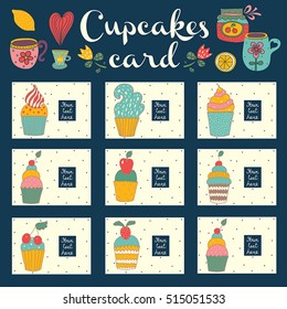 Cupcakes. 9 cute cards. Vector.