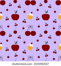 Cupcakes ,apple , cherry on a light purple background, cute pattern, seamless pattern 