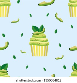 
Cupcakes avocado seamless pattern. Muffins with cream of avocado.