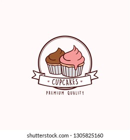 Cupcakes, Bakery and Dessert Logo, Sign, Template, Emblem, Flat Vector Design