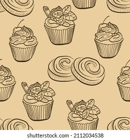 Pasteles, panadería, caramelos vectores sin costuras aislados en un fondo brillante. Concepto de menú, tarjetas, impresión