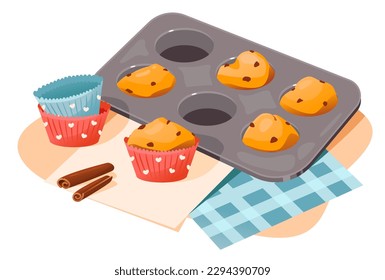 Cupcakes in baking molds. Homemade cakes. Cartoon flat vector illustration.