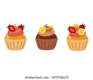 Cupcakes with banana and strawberry and cream frosting isolated on white. Pink and yellow cakes for the holidays. Vector illustration.