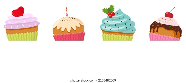 Cupcakes Banner With Red Heart, Candle, Holly, Cherry Isolated On White Background. Postcard For Invitation. Confectionery Sign. Site Header. Pastries Sprinkled With Tasty Crumbs. Vector Illustration