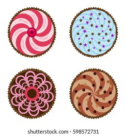 Cupcakes with beautiful decoration isolated over white background. Shoot from top view homemade sweet cake. Chocolate baked snack tasty homemade muffin bakery cupcake food vector illustration.
