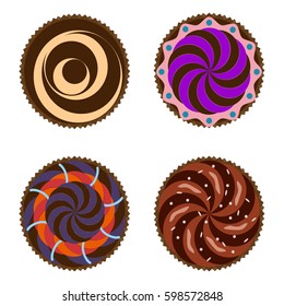 Cupcakes with beautiful decoration isolated over white background. Shoot from top view homemade sweet cake. Chocolate baked snack tasty homemade muffin bakery cupcake food vector illystration.