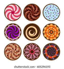 Cupcakes with beautiful decoration isolated over white background. Shoot from top view homemade sweet cake. Chocolate baked snack tasty homemade muffin bakery cupcake food vector illystration.