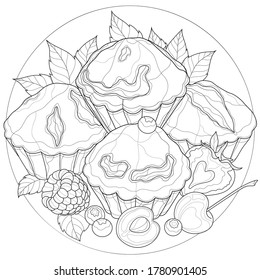 
Cupcakes mit Beeren. Himbeere, Erdbeeren, 
Kirschen, Heidelbeeren, Minze und Aprikosen.Leckere Süßigkeiten.Farbiges Buch Antistress für Kinder und Erwachsene. Zen-tangle-Stil.Schwarz-Weiß-Zeichnung
