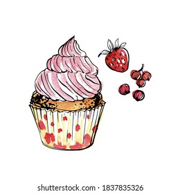 Cupcakes with berries. Sweet pastries. Ink sketch of food by line on white background.
